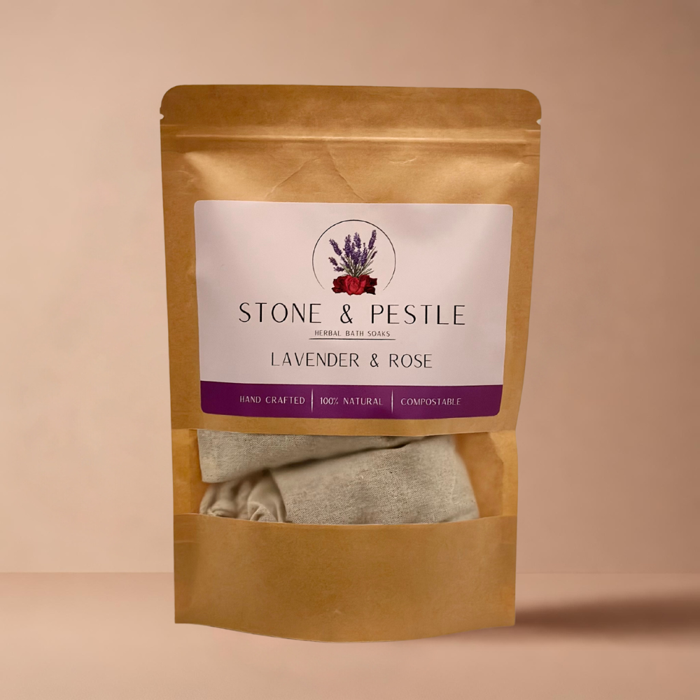 Lavender and rose herbal bath soak stone and pestle